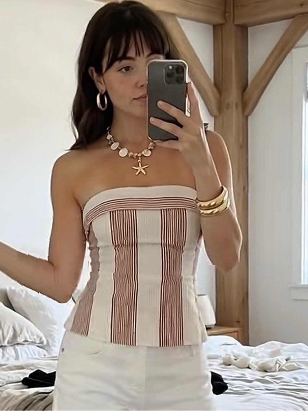 Cider Strapless Cream Top with Brown Stripe Panels L